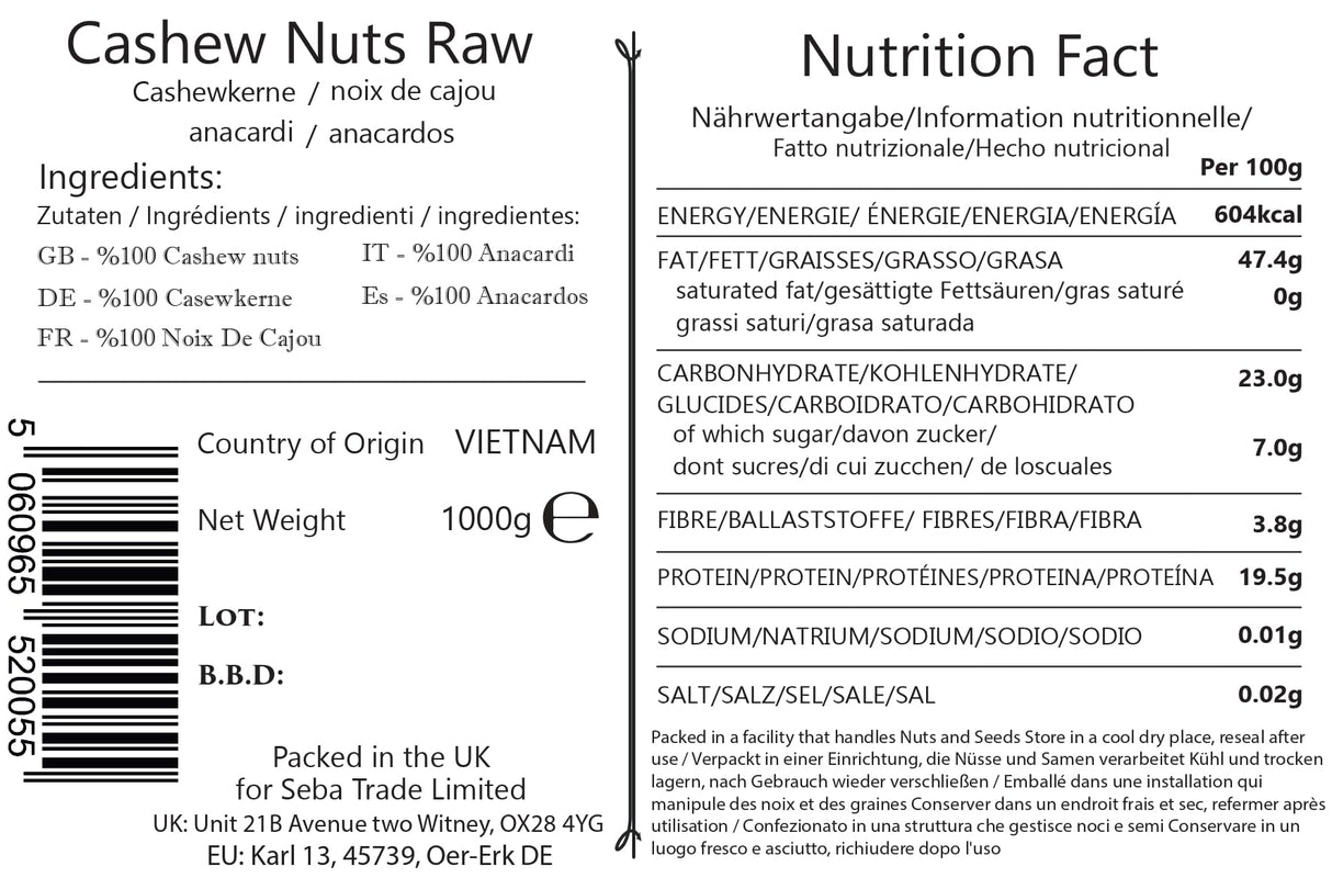 Seba Garden Premium Raw Whole Cashew Nuts Grade A Nutrient-Dense Superfood | 1kg