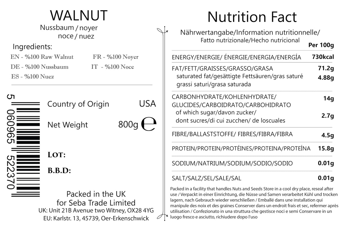 Seba Garden Premium Raw Californian Walnut Halves Grade A | 800g