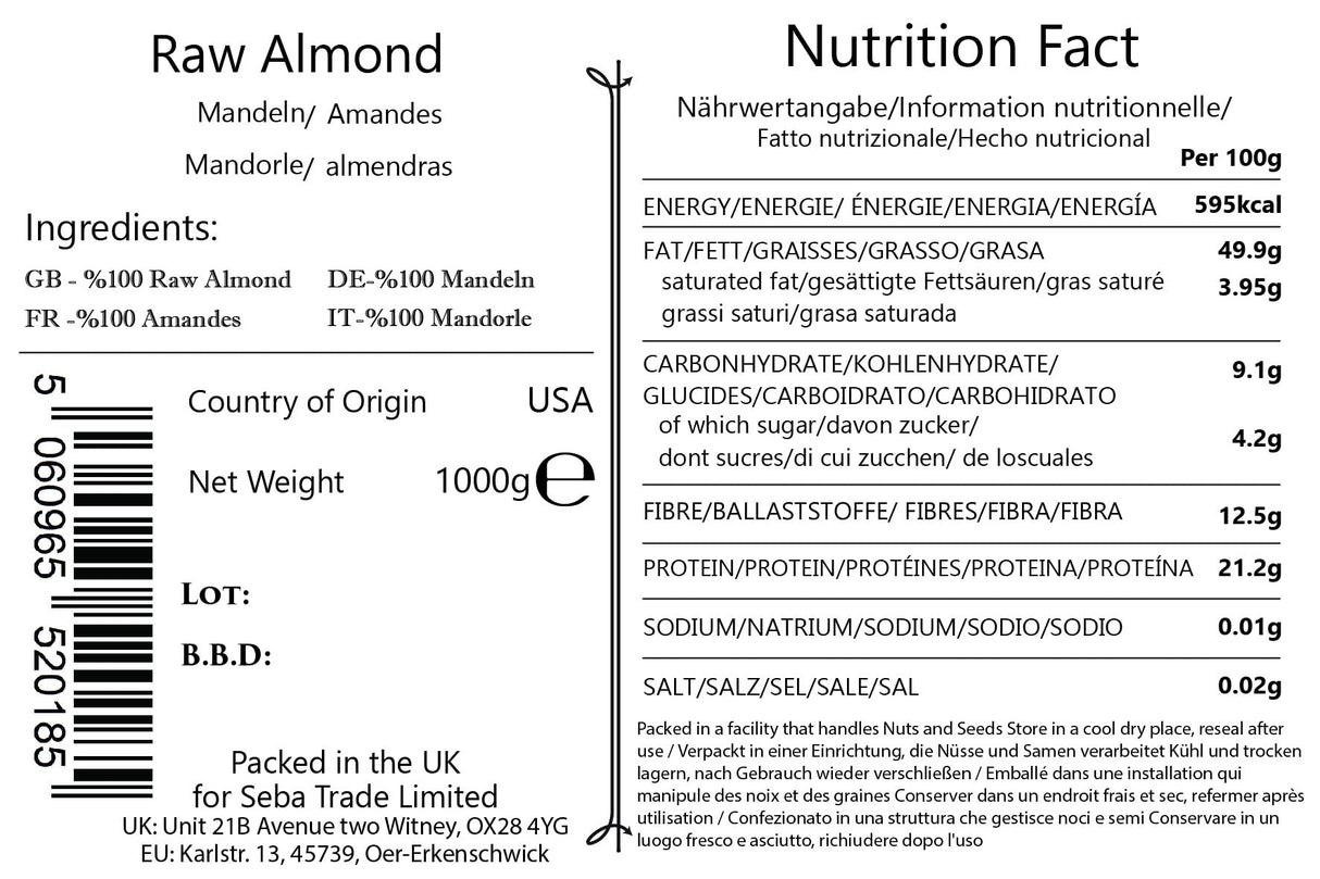 Seba Garden Premium Raw Californian Whole Almonds Grade A Nonpareil | 1kg