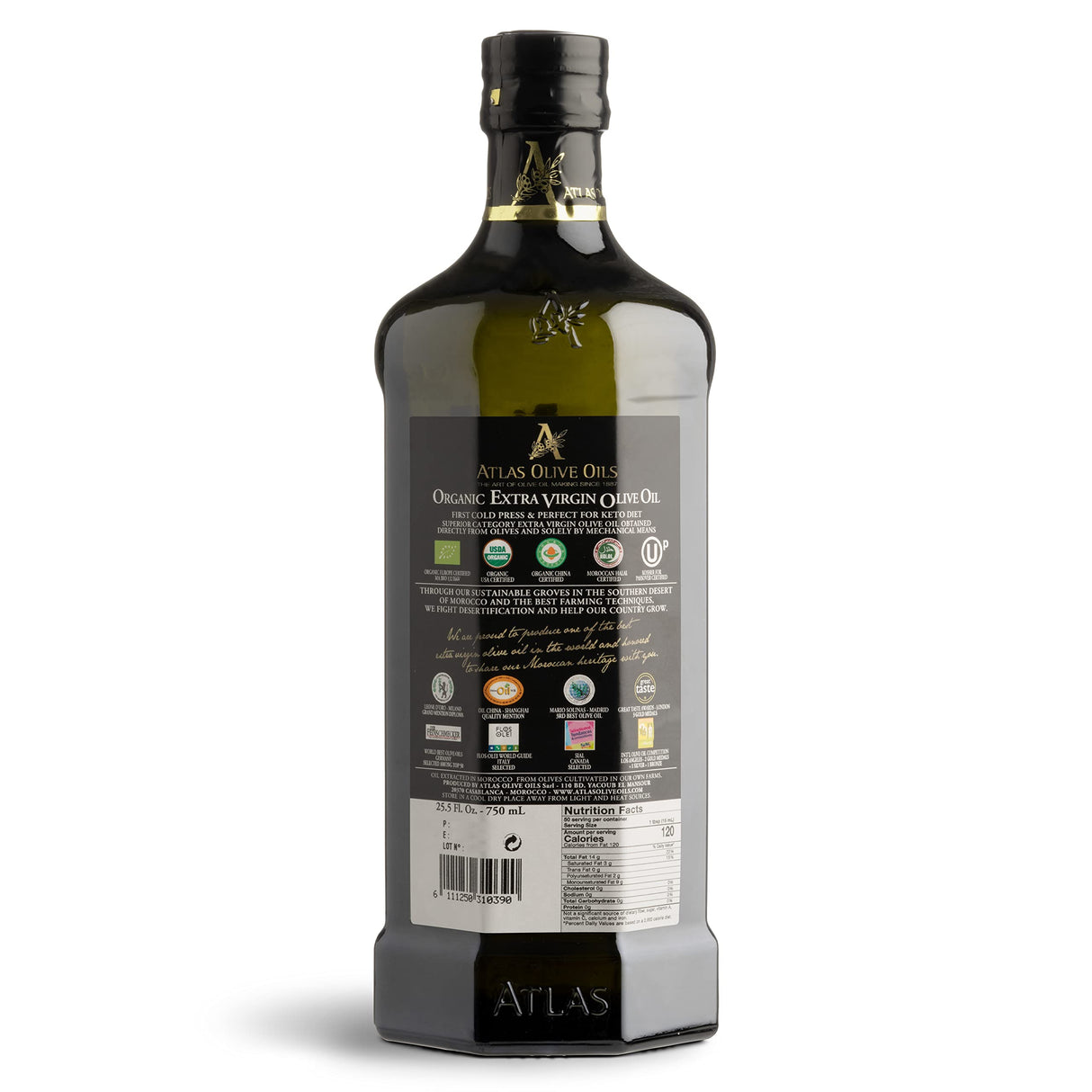 Atlas Olive Oil Premium Organic Moroccan Extra Virgin Olive Oil | 750ml Glass Bottle
