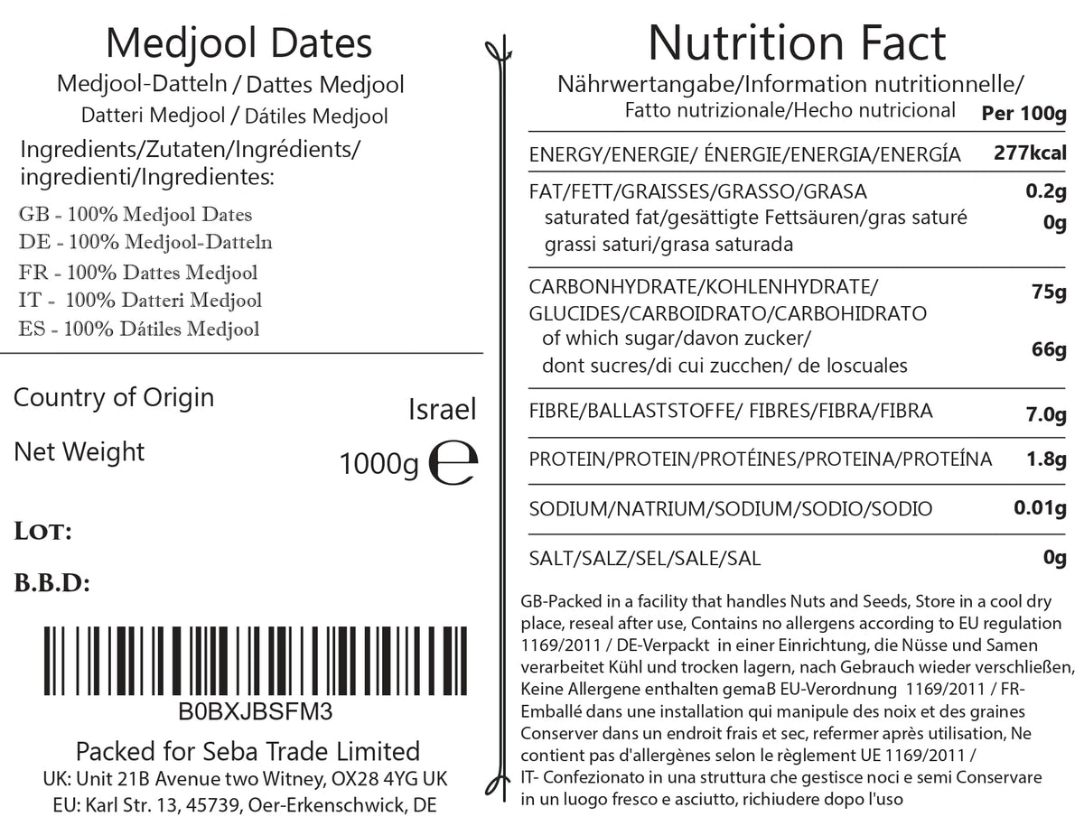 Seba Garden Premium Medjool Dates Large ,Natural Fibre 1 kg