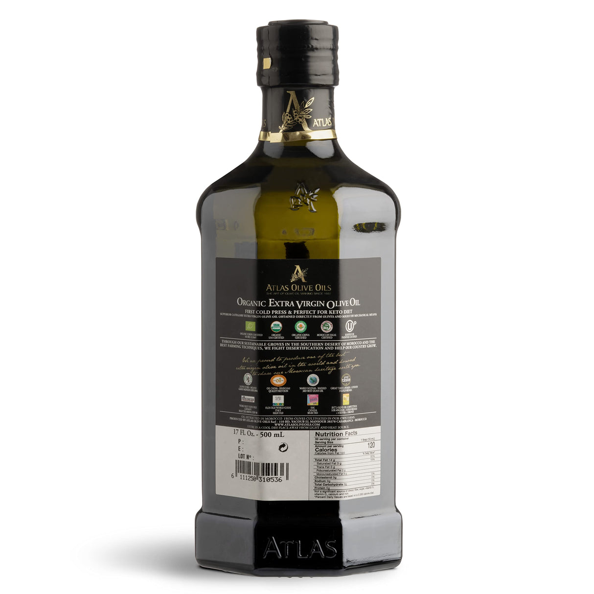Atlas Olive Oil Premium Organic Moroccan Extra Virgin Olive Oil | 500ml Glass Bottle