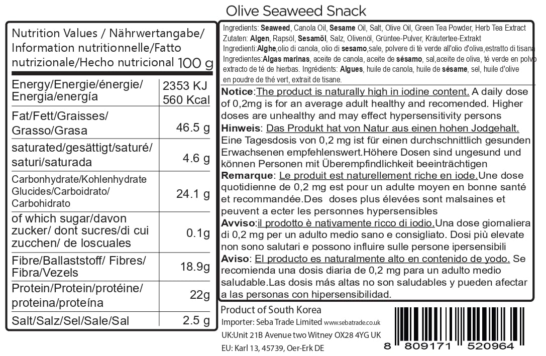 CHOI'S 1 Daechun Olive Oil & Green Tea Seaweed Snacks | 20 Individual Packs