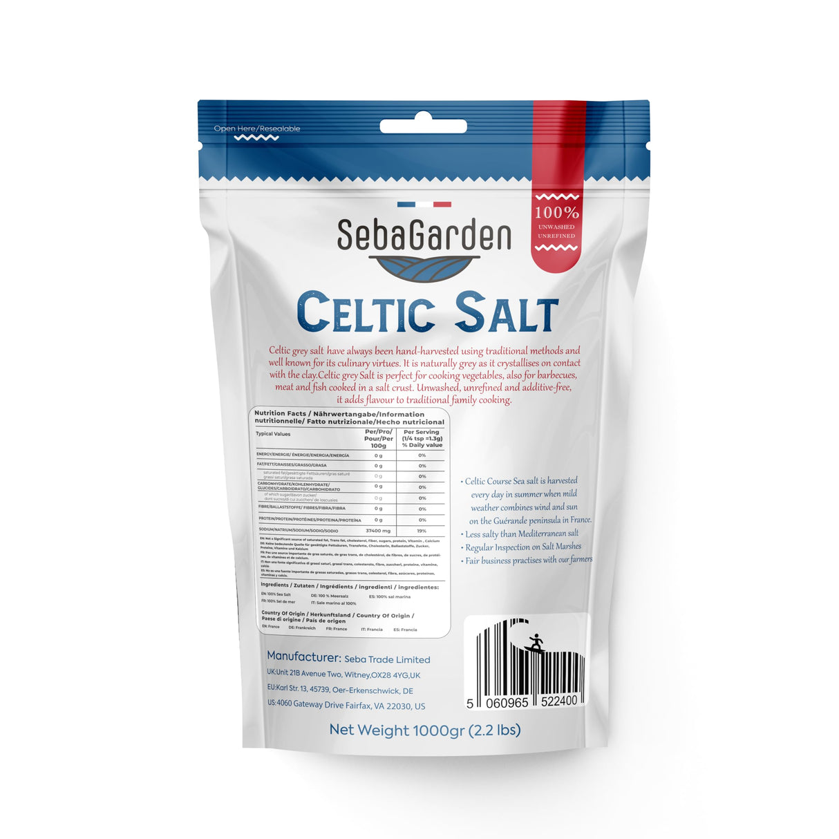 Seba Garden Hand-Harvested Celtic Sea Salt Coarse Grey 100% Natural Unrefined | 1kg