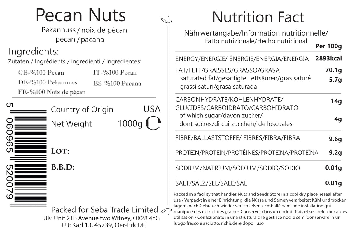 Seba Garden Premium Raw Pecan Nut Halves Grade A Nutrient-Dense Superfood