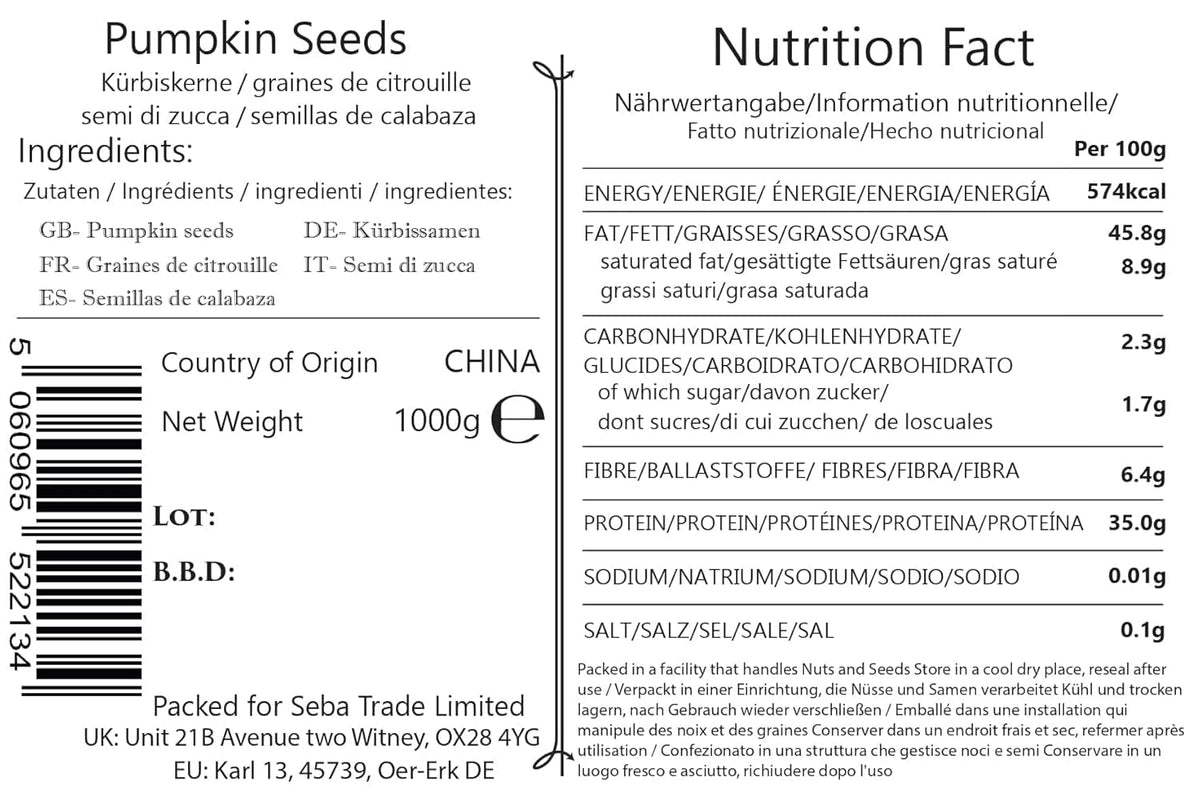 Seba Garden Premium Raw Pumpkin Seeds Grade A Nutrient-Dense Superfood | 1kg