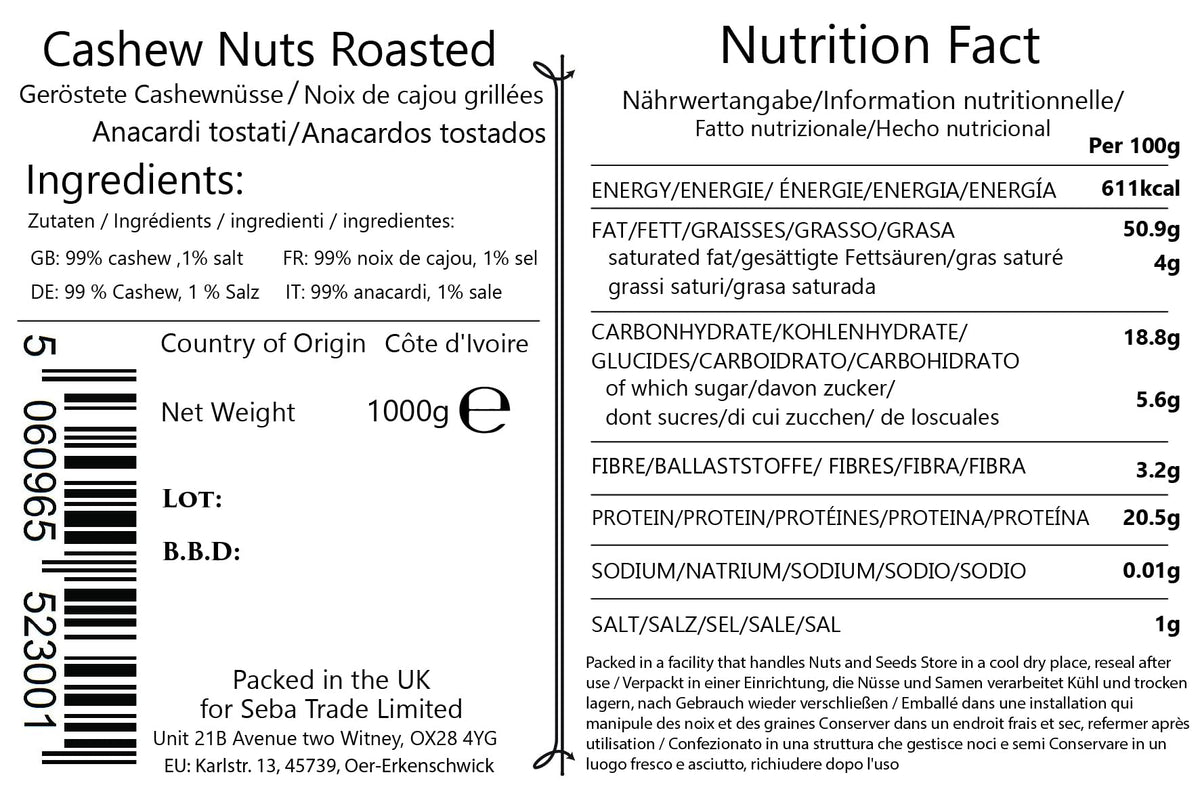 Seba Garden Premium Roasted Whole Cashew Nuts Grade A Nutrient-Dense Superfood | 1kg