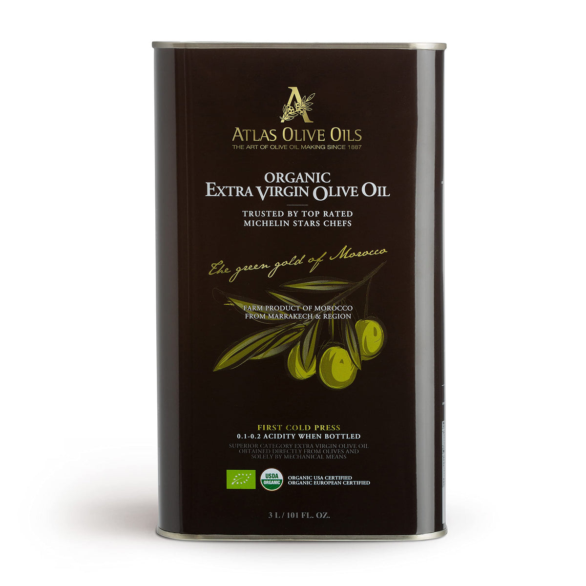 Atlas Olive Oil Premium Organic Moroccan Extra Virgin Olive Oil | 3L Tin