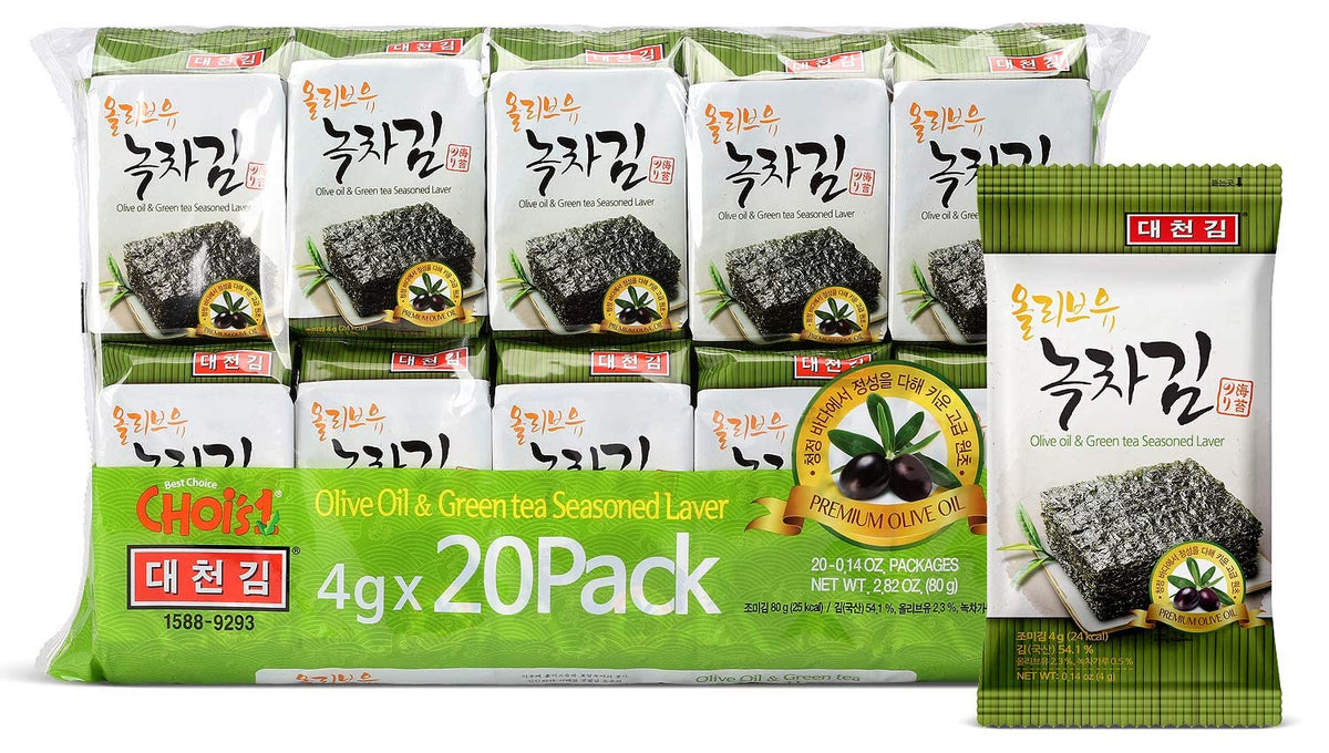 CHOI'S 1 Daechun Olive Oil & Green Tea Seaweed Snacks | 20 Individual Packs