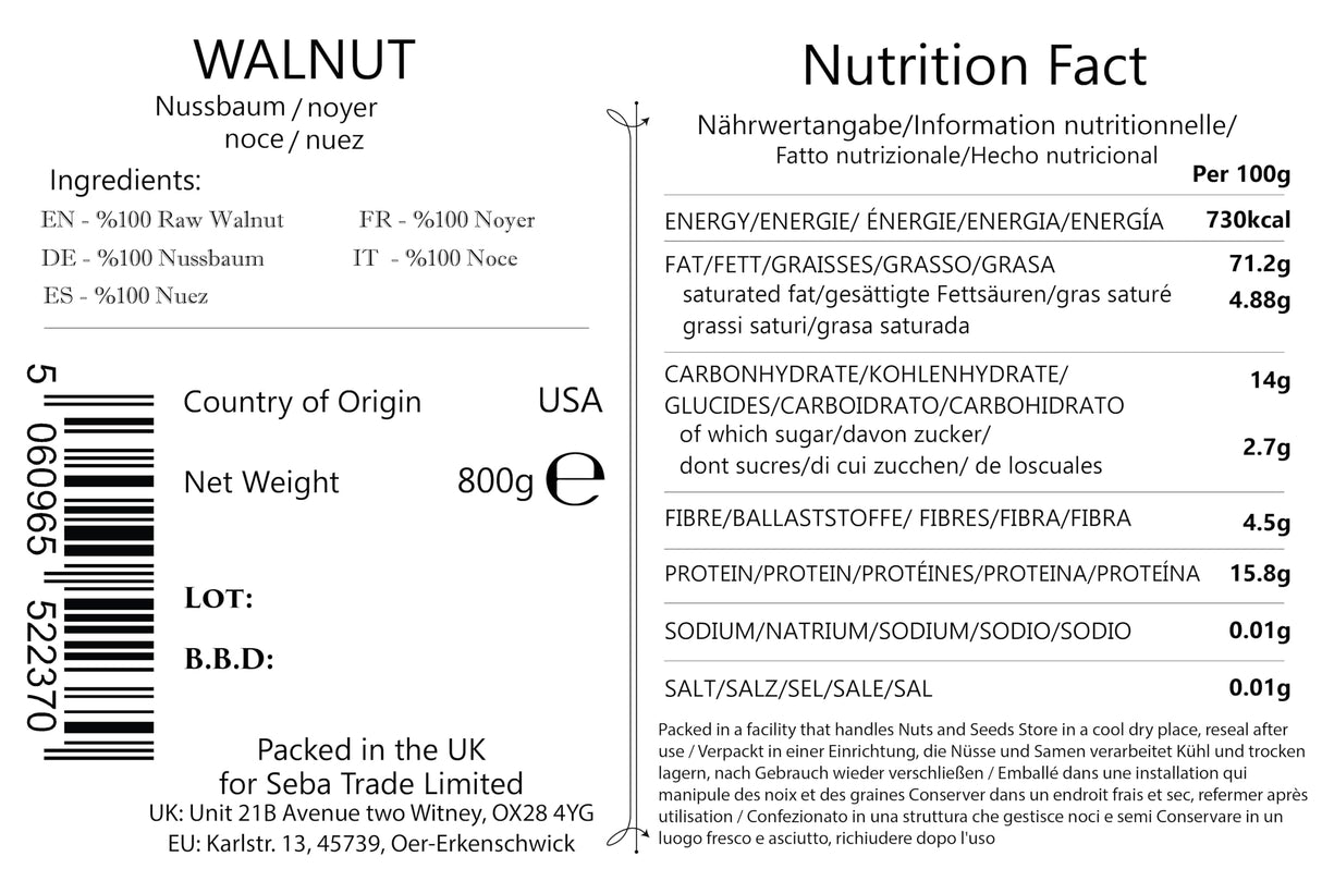 Seba Garden Premium Raw Californian Walnut Halves Grade A | 800g