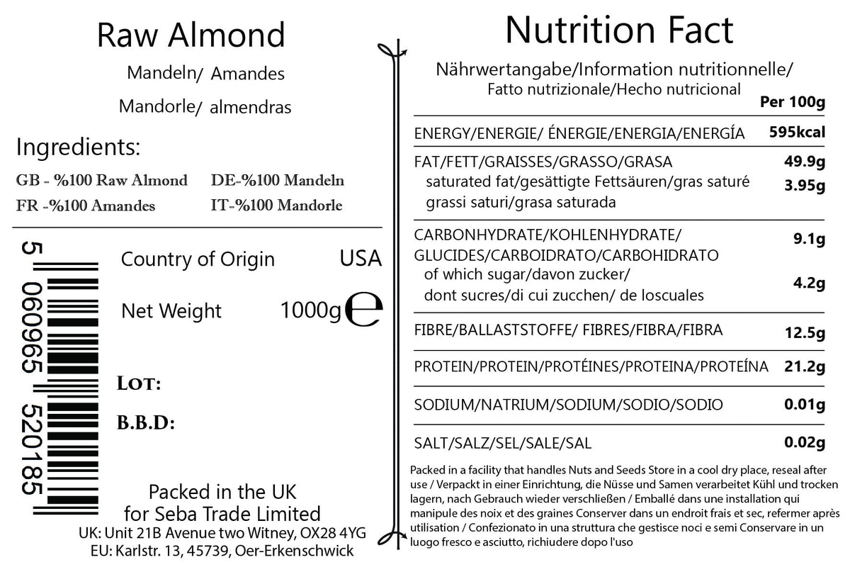 Seba Garden Premium Raw Californian Whole Almonds Grade A Nonpareil | 1kg