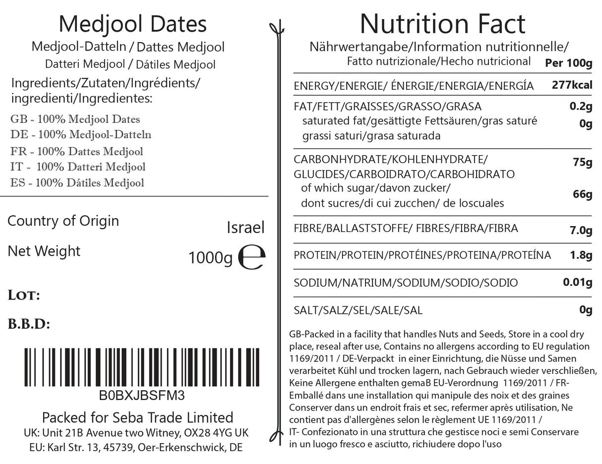 Seba Garden Premium Medjool Dates Large ,Natural Fibre 1 kg