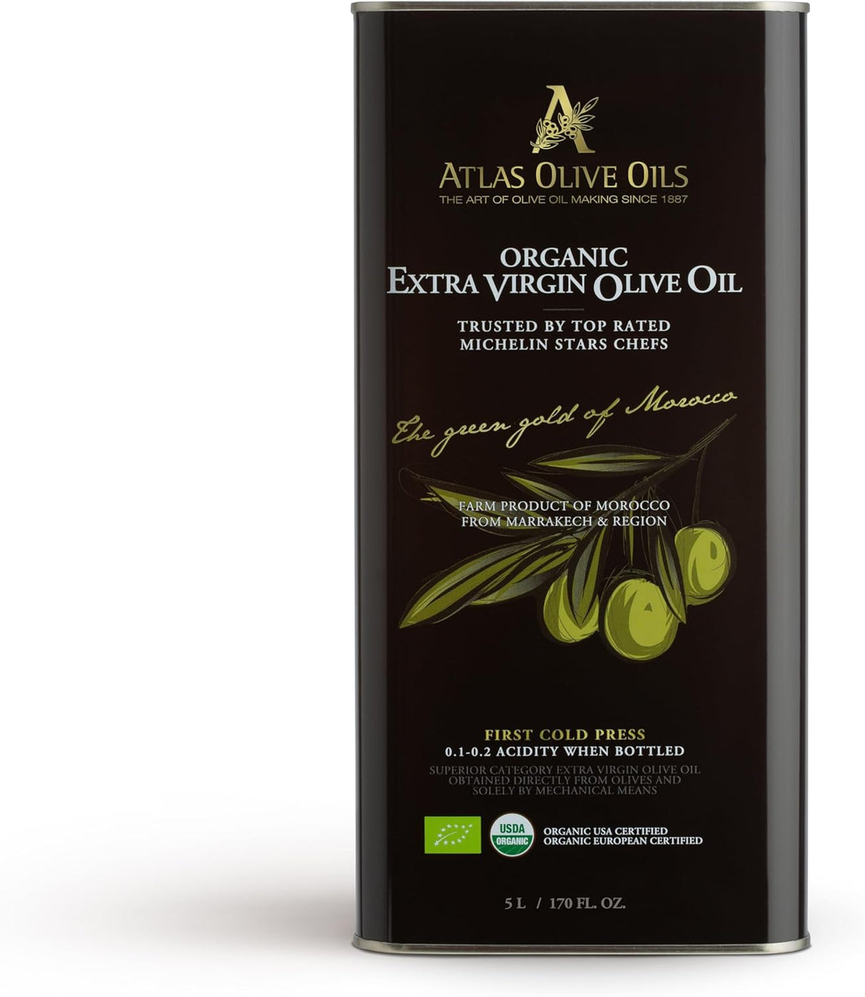 Atlas Olive Oil Premium Organic Moroccan Extra Virgin Olive Oil | 5L Tin