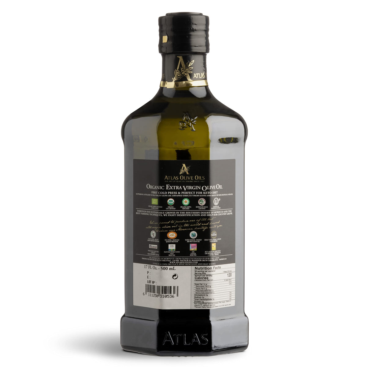Atlas Olive Oil Premium Organic Moroccan Extra Virgin Olive Oil | 500ml Glass Bottle