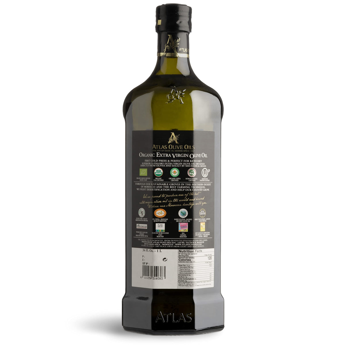 Atlas Olive Oil Premium Organic Moroccan Extra Virgin Olive Oil | 1L Glass Bottle